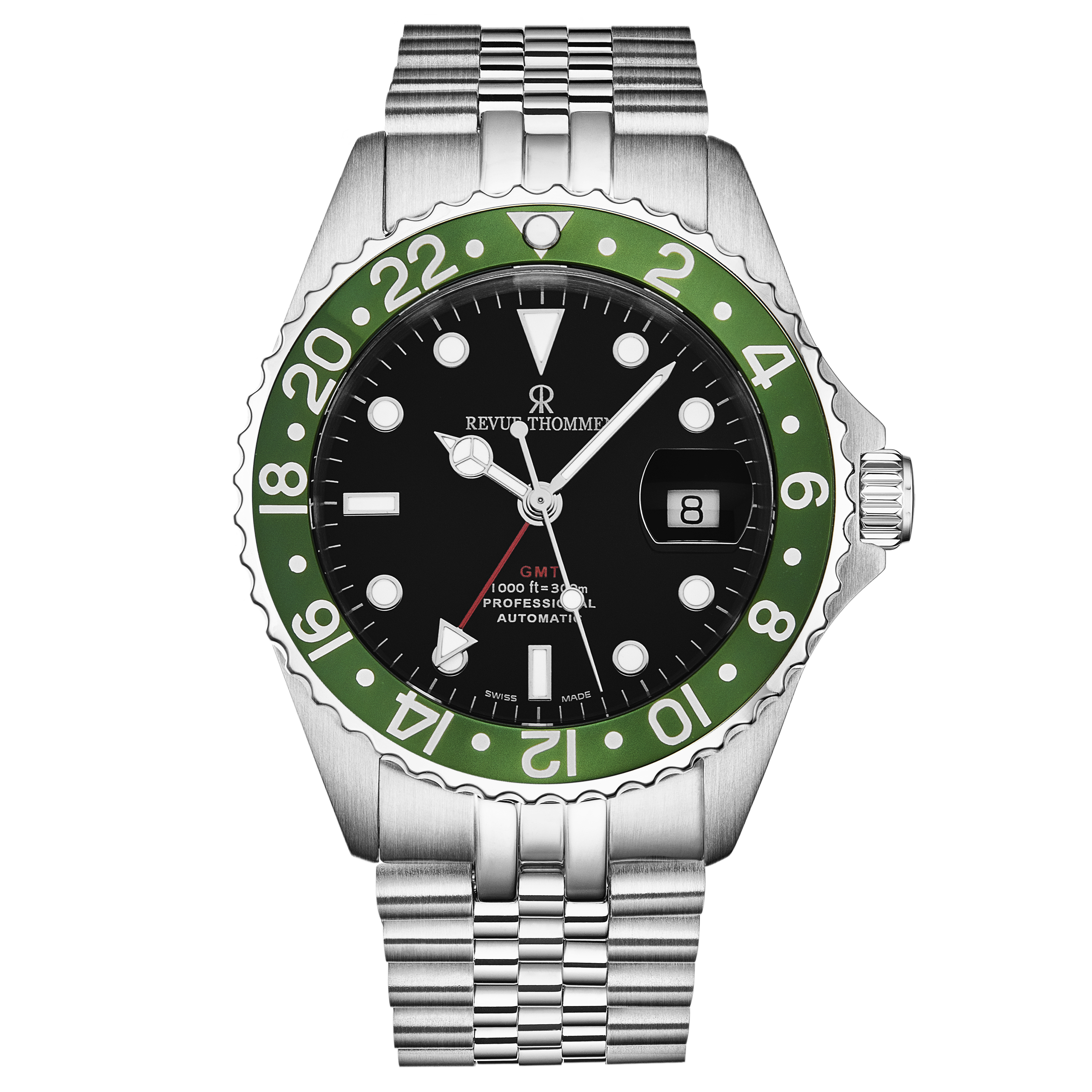 Pre-owned Revue Thommen Men's 'diver' Gmt Black Dial Green Bezel Watch 17572.2234